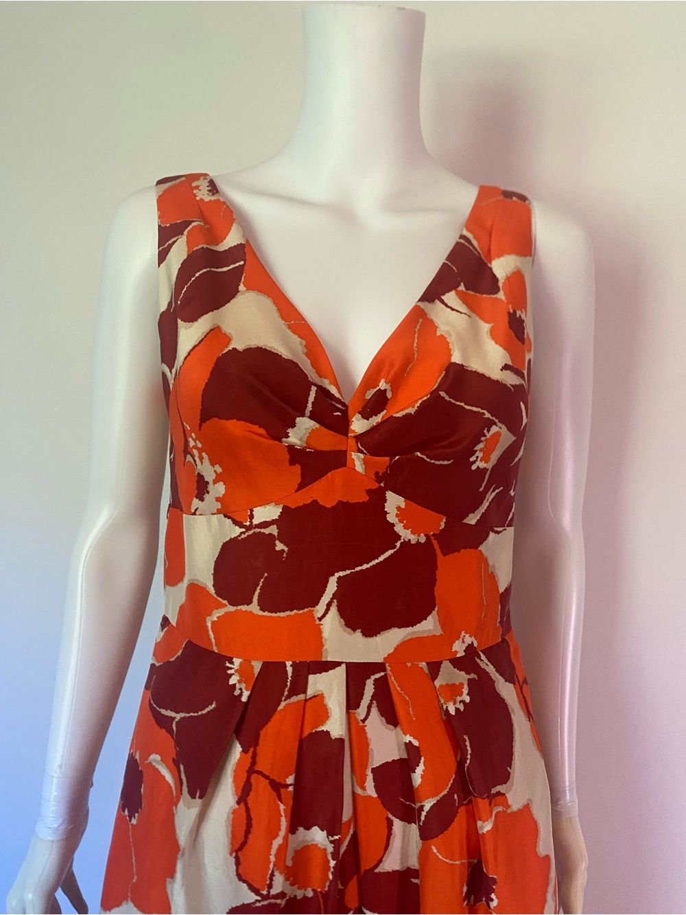 Banana Republic Orange, Burgundy and Cream Floral V-Neck Midi Dress